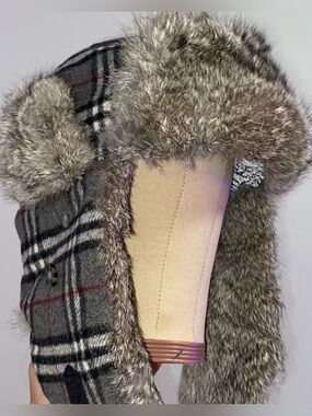 Mad Bomber Rabbit Fur Lined Wool Hat Plaid Flapper Hat